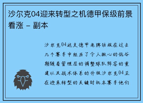 沙尔克04迎来转型之机德甲保级前景看涨 - 副本