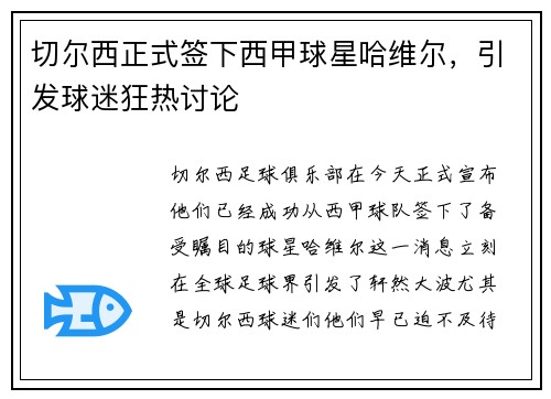 切尔西正式签下西甲球星哈维尔，引发球迷狂热讨论